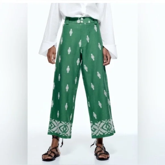 Zara Green Patterned Wide Leg Pants - Picture 2 of 10